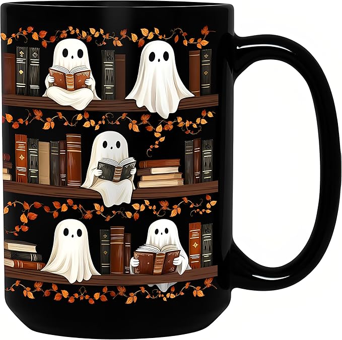 Halloween Cute Ghost Reading Coffee Mug, 15oz Black Ceramic Novelty Tea Cup, Spooky Halloween Ghost & Book Themed Mug for Book Lovers & Readers, Fun Festive Bookish Gift for Women, Men & Coworkers