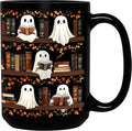 Halloween Cute Ghost Reading Coffee Mug, 15oz Black Ceramic Novelty Tea Cup, Spooky Halloween Ghost & Book Themed Mug for Book Lovers & Readers, Fun Festive Bookish Gift for Women, Men & Coworkers
