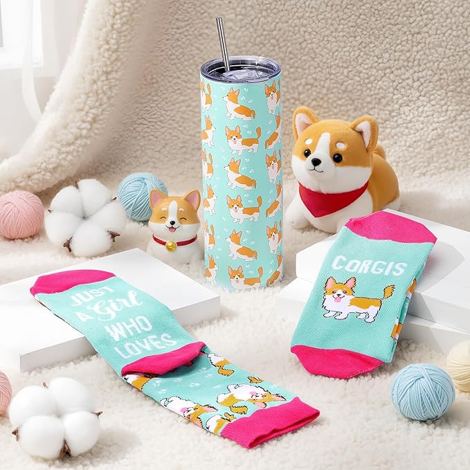 Funnymoom 2 Pack Corgi Gifts Set Skinny Tumbler 20 oz Travel Coffee Mug Novelty Cute Animals Socks, Christmas Birthday Party Gifts for Corgi Cute Dog Themed