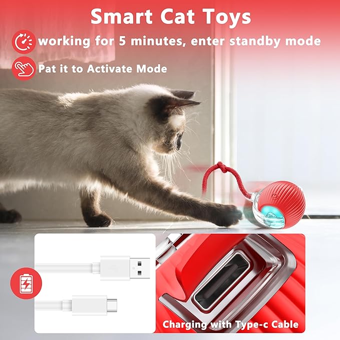 Interactive Cat Ball Toys,Indoor Moving Cat Toys, Automatic Rolling Toy with Cord, Interesting Rotating Ball Toy for Dogs and Cats (Red)