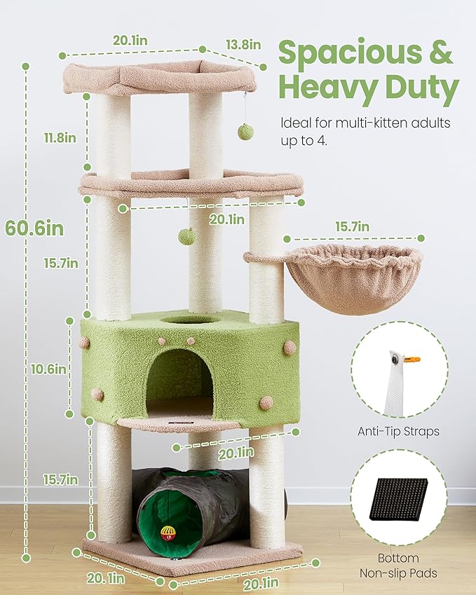Cat Tree Tower for Large Cats Adult - 60 Inch XXL Sturdy Heavy Duty Extra Wide Scratching Posts (φ4.4in) Condo - Indoor Big Cat House Hammock Perch - XL Wood Multi Level Feline Pet Bed Trees Houses