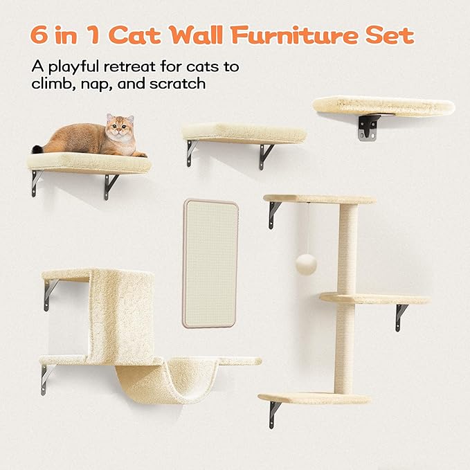 Cat Wall Shelves for Large Cats, Stable & Safe Kitty Walls Furniture Set for 40LBS Cats with Wooden Cat Climber,House, Bridge, Tree, Steps, and Scratcher for 16 Inch Drywall (Beige, 5-in-1)