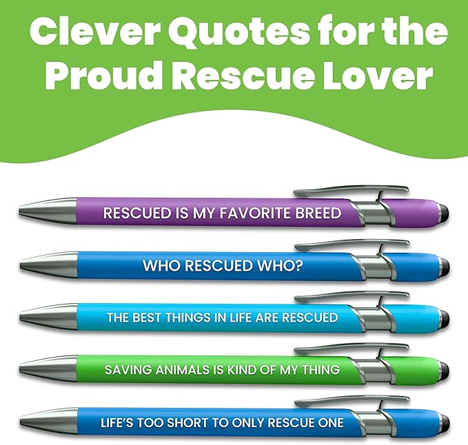 Funny Cat & Dog Rescue Lover Gift Pen Set – 5 Black Ink Ballpoint Pens with Stylus Tip & Quality Metal Barrel with Fun Quotes - Gifts for Dog Moms, Cat Lovers, Animal Advocates, Fosters & Volunteers