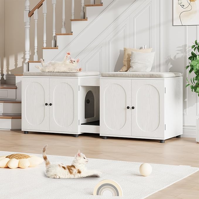 55" Double Cat Litter Box Enclosure for 2 Cats, Modern Self Cleaning Extra Large Hidden Cat Litter Box Furniture, Front Entry, Wooden Hidden Cat Washroom, Side End Table, Cat House, TV Stand