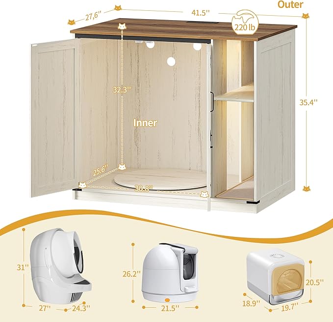 Extra Large Cat Litter Box Enclosure, Hidden Self-Cleaning Litter Box Furniture with Rotating Stand, Farmhouse Cat Cabinet with Power Outlet & Light, Cats House, Rustic White CB86414XV1