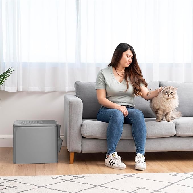 IRIS USA Cat Litter Box Top Entry with Scoop, Covered Dog Proof Litter Box Design, Enclosed Square Style Litterbox with Odor Control, Easy to Clean for Cats, Gray