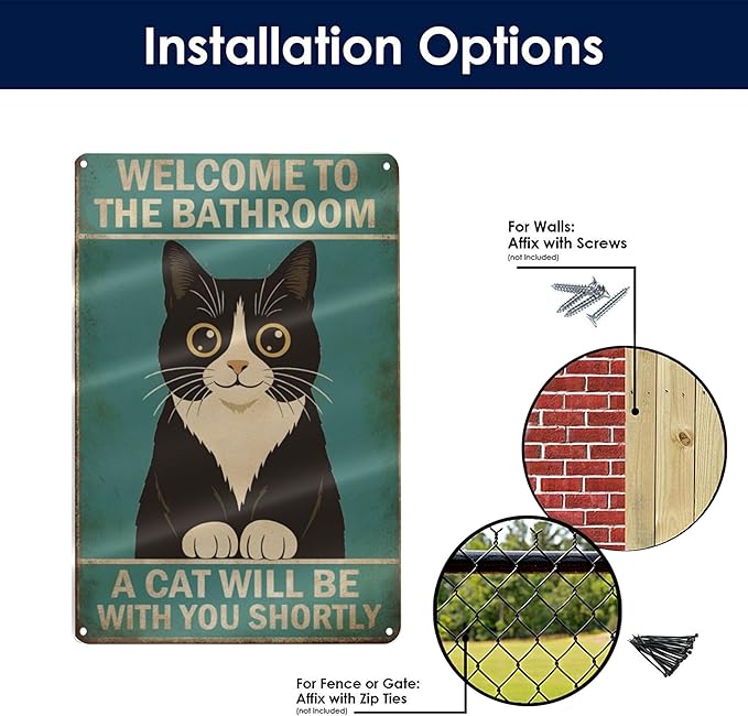 Funny Bathroom Sign Welcome to The Bathroom A Cat Will Be with You Shortly Humorous Restroom Decor Quirky Cat Lover Gift Novelty Aluminum Sign 8x12 Inches Black White Cat
