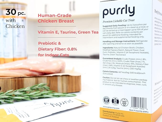 Purrly Lickable Wet Cat Treats Creamy Purée Human-Grade Chicken Breast with Prebiotic and Dietary Fiber for Digestive Health (30 Count) Non-Seafood Non-GMO No-Grains All Ages Low-Phosphorus