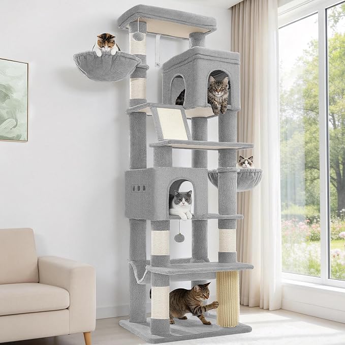 Hzuaneri Large Sturdy Cat Tree Tower, 84 Inch Tall Pet Condo For 7 Large Cats, Cat Tree Indoor Climbing Activity Tower, 2 Large Platform/2 Cave/2 Hanging Basket/5 Scratching Post, Light Grey MS21318LG