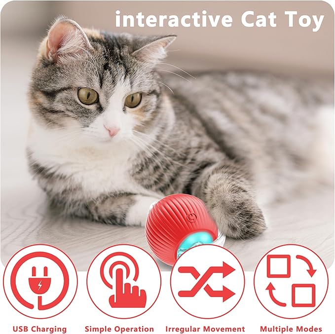 Interactive Cat Ball Toys,Indoor Moving Cat Toys, Automatic Rolling Toy with Cord, Interesting Rotating Ball Toy for Dogs and Cats (Red)