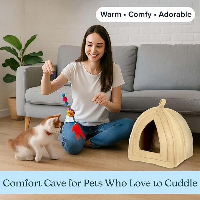 Cat House - Indoor Bed with Removable Foam Cushion - Pet Tent for Puppies, Rabbits, Guinea Pigs, Hedgehogs, and Other Small Animals by PETMAKER (Tan)