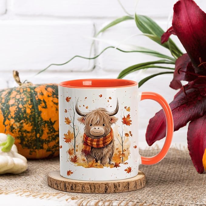 Hyturtle Fall Highland Cow Maple Leaves Coffee Mug - Birthday Gifts For Cow Lovers - Fall Autumn Decor Gifts For Farmhouse Thanksgiving - Highland Cows Gift - 11oz White Ceramic Coffee Tea Mug