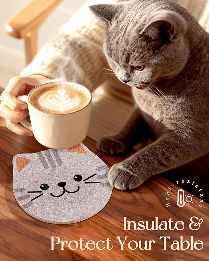 Oqplog Cat Drink Coasters for Cat Lovers Gifts Desk Coffee Table Set of 6-Funny Cork Cup Holder Coaster for Office Home Office Cute Decor Accessories for Women Family
