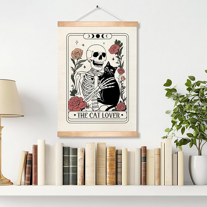 HEYJEEPER The Cat Lover Tarot Card Wall Art Decor,14x18inch Retro Skeleton and Cats Linen Wall Hanging Poster with Wood Hanger,Funny Gift for Cat Lovers,or Pet Shop(Cat01)