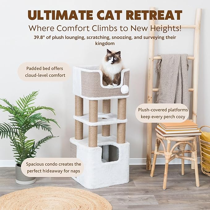 Trixie 39.8" Lucano Cat Tree, Indoor Cat Furniture with Jute Scratching Posts, Plush Condo, Interactive Toys - Taupe