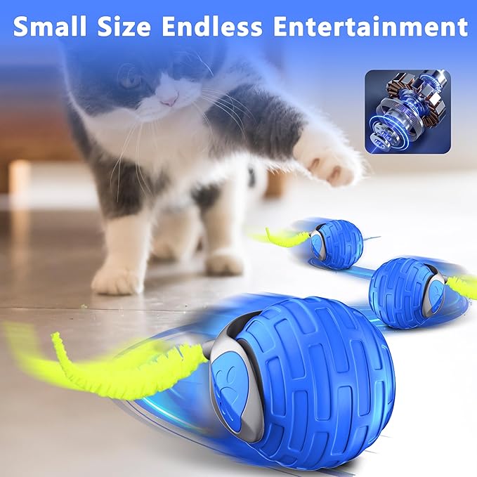 Cat Toys,Interactive Cat Toys Ball for Bored Indoor Cats,Automatic Rolling,Drop Resistant and Obstacle Avoidance,2 Modes Adjustment,Fluffy Tail and USB Type-C Rechargeable（Blue）