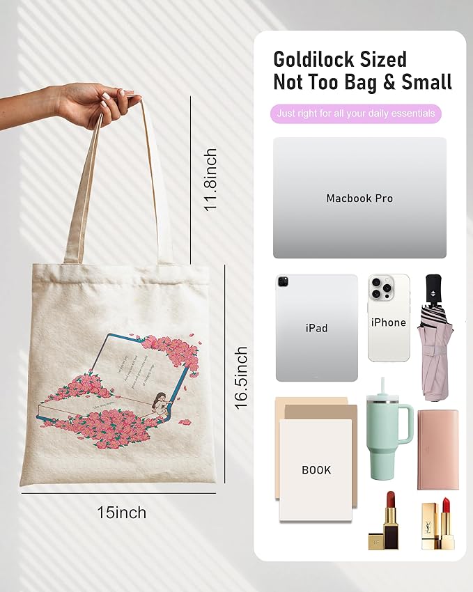 DYALE Canvas Tote Bag Double-Sided Prints with Snap Closure, Cute Tote Bag with Pocket for Shopping, Library, Work, Travel