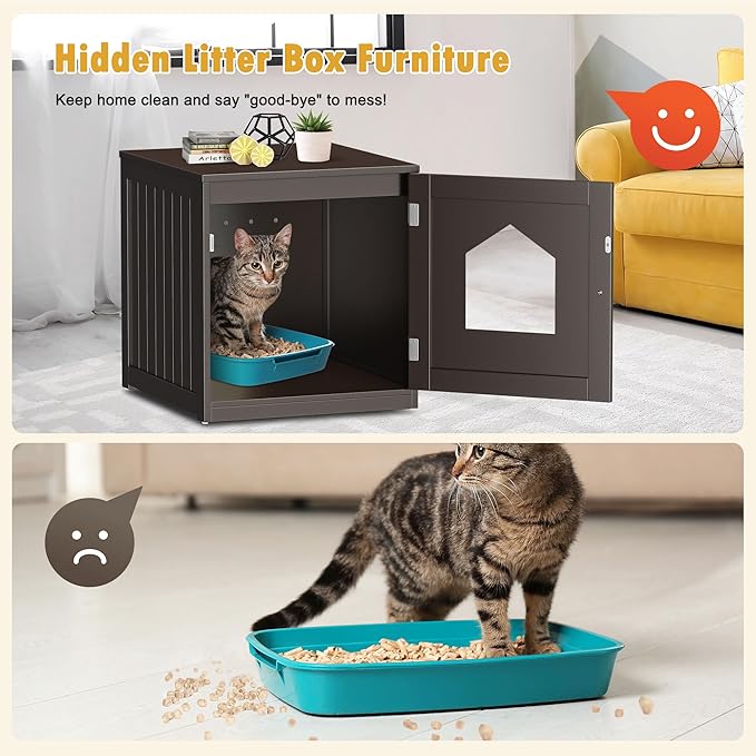 Cat Litter Box Enclosure Litter Box Furniture Hidden Wooden Washroom Litter Box Cabinet Indoor Cat House Side End Table Nightstand (Coffee)