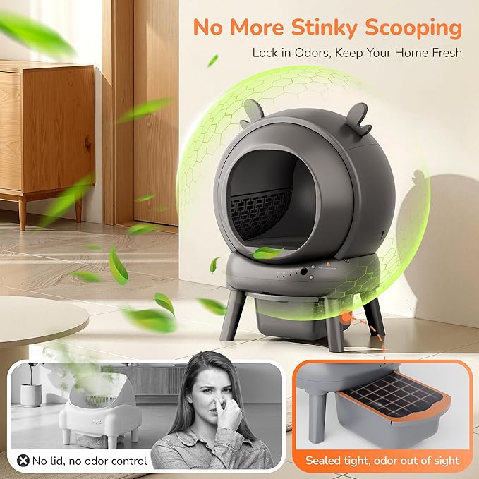 Automatic Self Cleaning Litter Box, Cat Litter Box with APP Control, 65L Globe & Dual Safety Sensors, Robot Litter Box, 1 Roll Garbage Bags and Litter Mat, <35DB, Grey