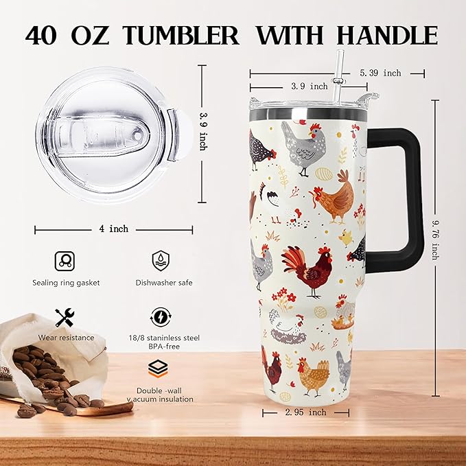 Ceovfoi 40 oz tumbler with handle,40 oz Chicken Tumbler with lid and Straw,Chicken Stainless Steel Cup Coffee Travel Mug,Chicken Gifts for Chicken Lovers,Rooster Stuff Decor Accessories