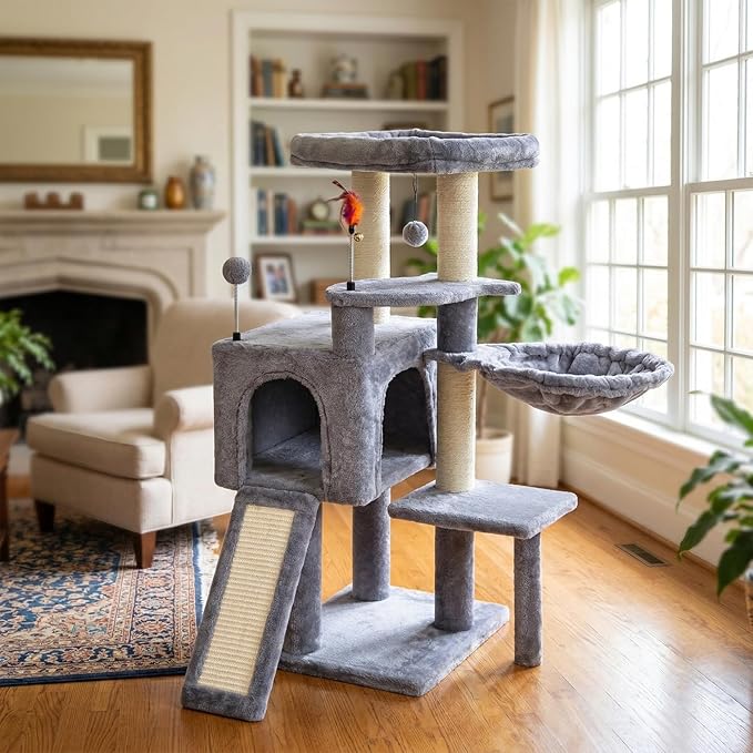 AIWIKIDE 35.4'' Multifunction Cat Tree with Cozy Hammock & Hanging Ball, Cat Tower with Activity Cat Condo & Jute-Covered Scratching Posts, Grey
