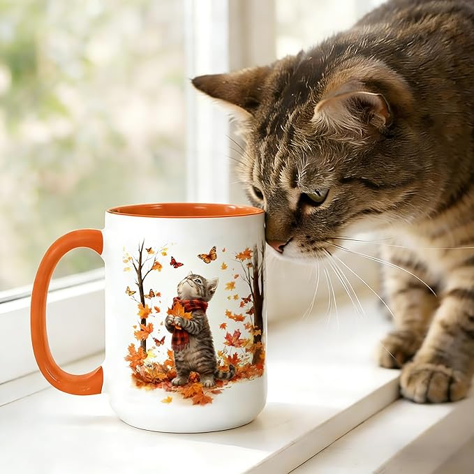 Cute Cat Coffee Mug for Cat Lovers, Fall Maple Leaf Kitten Mug, 15oz White Large Ceramic Tea Cup with Orange Handle, Ideal for Hot & Cold Drinks, Fun Novelty Gift for Women and Coworkers