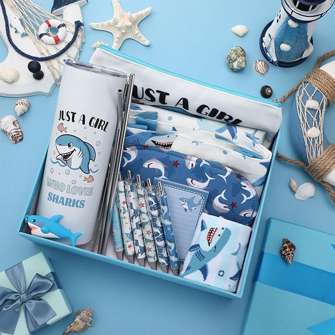 Wonderjune 14 Set Ocean Themed Gifts Baskets Set Summer Sea Marine Life Gifts for Ocean Animal Lover Tote Keychain Cup Socks Makeup Bags Box for Teens Friend Birthday Graduation Party