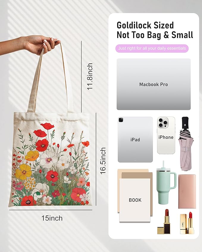 DYALE Canvas Tote Bag Double-Sided Prints with Snap Closure, Cute Tote Bag with Pocket for Shopping, Library, Work, Travel