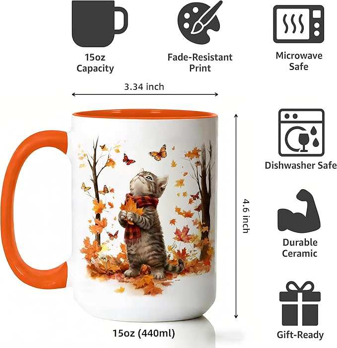 Cute Cat Coffee Mug for Cat Lovers, Fall Maple Leaf Kitten Mug, 15oz White Large Ceramic Tea Cup with Orange Handle, Ideal for Hot & Cold Drinks, Fun Novelty Gift for Women and Coworkers