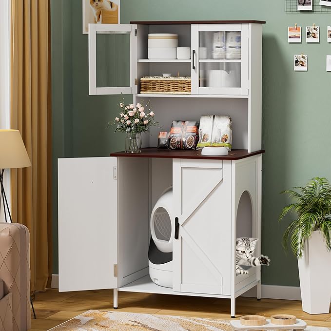 PAKASEPT Cat Litter Box Enclosure Furniture for Self-Cleaning Cat Litter Box with Shelves and Doors