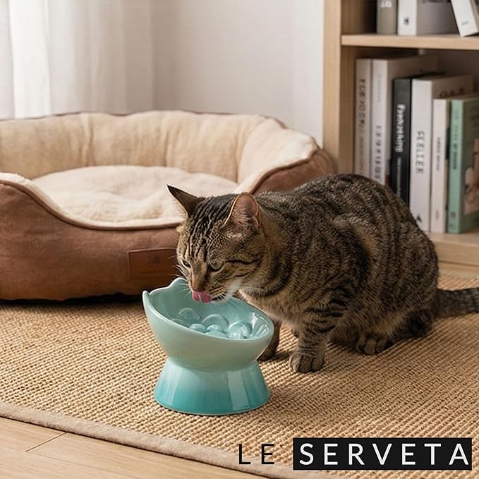 Macarons Series Ceramic Slow Feeder Cat Bowl, Raised Puzzle Feeder, Anti Vomiting Cat Slow Feeding, Elevated Food Bowl, Whisker Friendly Pet Bowl with Cute Ear Design (Gradient Green)