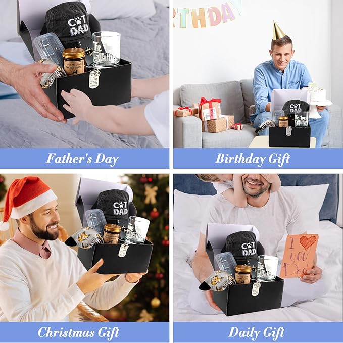 14 Pieces Cat Dad Gifts for Dad Best Cat Dad Ever for Men, for Men Including Whiskey Set Socks Keychain Hat Bottle Opener Greeting Cards Sented Candle