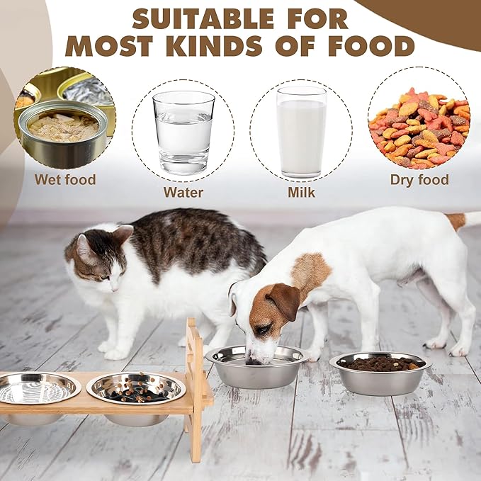 Adjustable Elevated Raised Feeder – Non-Slip Bamboo Stand with 2 Stainless Steel Bowls & 1 Slow Feeder for Small to Medium Size Dogs