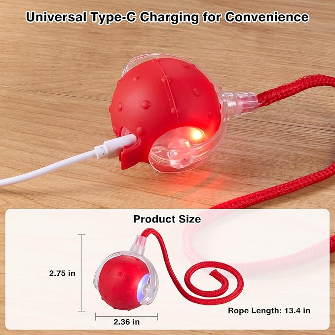 ZUAMEGUPetToy, Interactive Cat & Dog Ball Toy with Bird Sounds, Rechargeable 360° Smart Auto-Rolling Electric Pet Ball Toy (with Leash), Suitable for Indoor & Outdoor Use (Red)