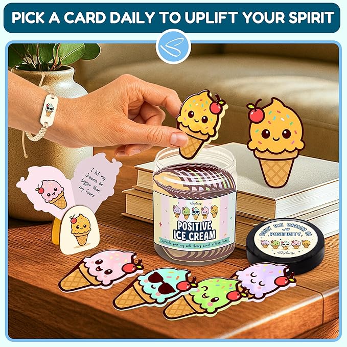 Stofinity Emotional Support Ice Cream Gifts - 60 Positive Affirmations Cards For Kids, Sweetest Day Gifts For Myself, Fathers Day, Mothers Day, Cute Christmas Gift For Teens Mood-boosting Desk Decor