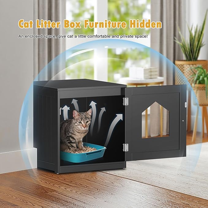 Cat Litter Box Enclosure Hidden Kitty Litter Box Furniture Indoor Cat Box Cabinet House Side Table Nightstand Washroom (Black)