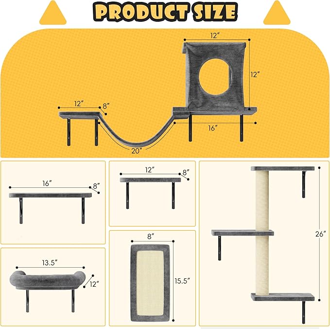 6-in-1 Cat Wall Shelves, Wall Mounted Cat Climber with Condo House, Scratching Post, Bridge Ladder, Space-Saving Indoor Play Furniture for Kittens, Dark Grey