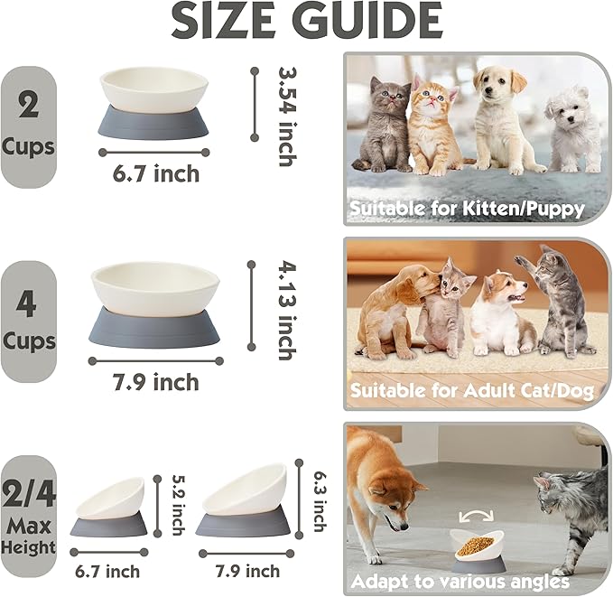 French Bulldog Food Bowl- Slanted Tilted Pug Food Water Bowl,Cat Bowl- Feeder for Frenchie/Shih Tzu/Flat Faced Small Dogs/Puppies/Cats (Grey, 2 Cup)