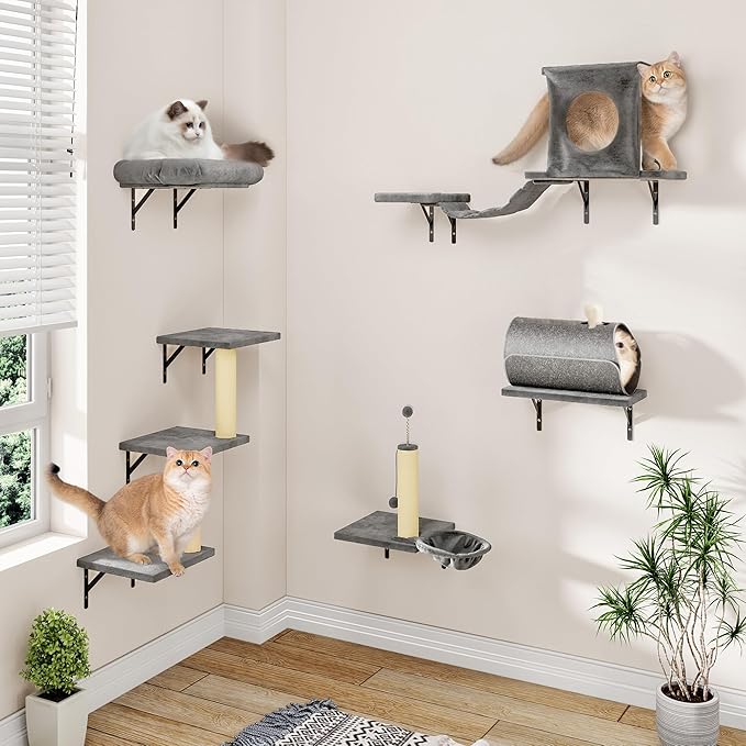 Cat Wall Shelves, 7-in-1 Wall Mounted Cat Climber Set, Indoor Cat Furniture – Includes House, Tunnel, Bridge, Steps, Scratcher, Hammock, Shelves, Gray
