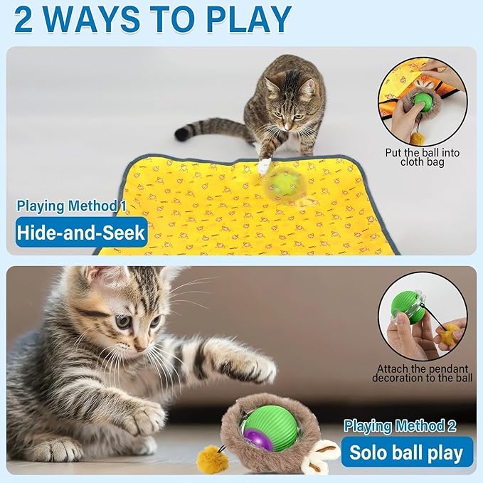 gisgfim Interactive Cat Toys for Indoor Cats Automatic Moving Cats Ball Rolling in Pouch Motion Activated Chirping Cat Ball Toy with LED Light Hide-n-Seek Kitten Toy for Bored Indoor (Yellow)