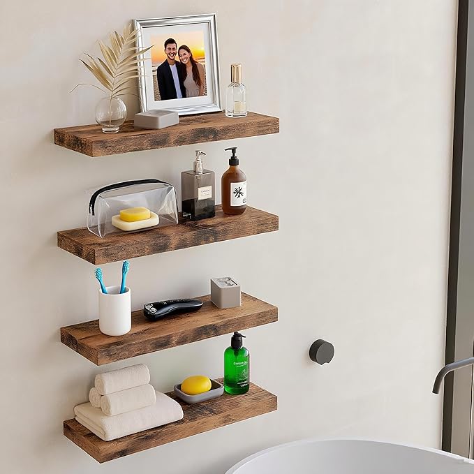 Vervida® 3 Pack Rustic Brown Floating Shelves, 24" W x 7.9" D x 1.5" H, Holds Up to 38 Lbs, for Living Room, Bedroom, Bathroom, Kitchen, Office, Storage, Display, with Invisible Brackets Wall Shelves