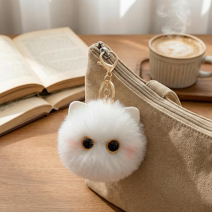 Cute White Cat Plush Keychain - Kawaii Snow Cat Pom Pom Bag Charm, Soft Keychain for Backpack Purse, Birthday Gift for Women Girls