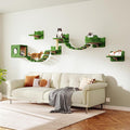 Cat Wall Shelves, Wall Mounted Cat Shelf Furniture with Plush Fabric (9 Piece Set), Cats Furniture with Condos, House, Steps, Bridge Ladder, Scratching Post, Green