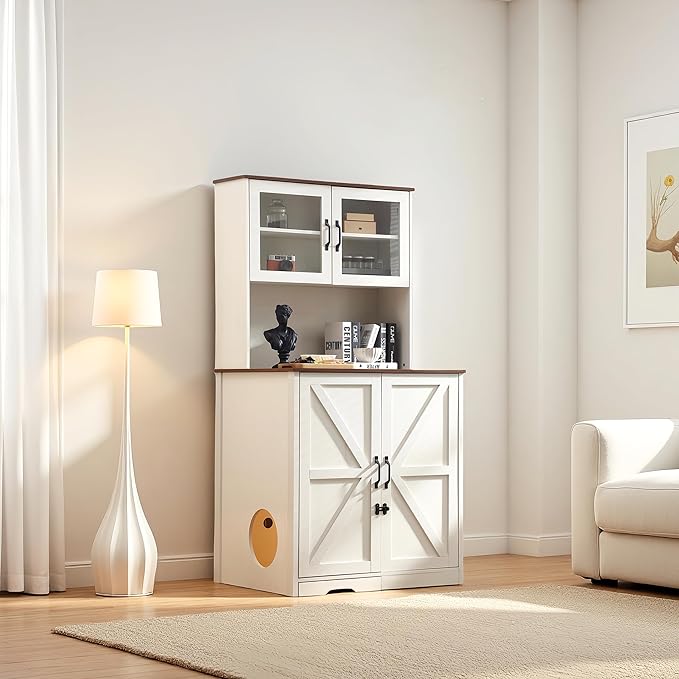 Extra-Large Enclosure for Self-Cleaning Cat Litter Boxes, Wooden Cat Litter Furniture with LED Lighting, a Adjustable Shelf and Doors