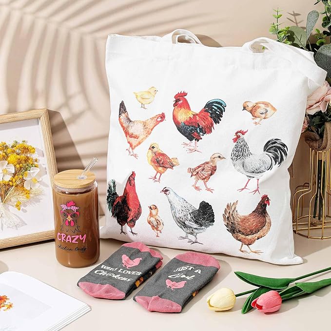 Paterr 4 Pcs Chicken Lover Gifts for Women, Funny Chicken Lady Gifts for Mother's Day Birthday Decorations, with Canvas Tote Bag 16oz Glass Coffee Cup with Straw Socks Cute Keychain