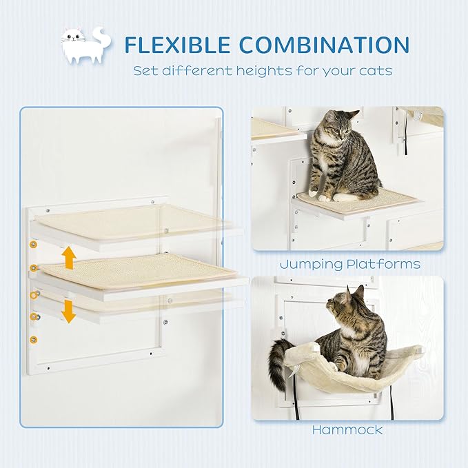 PawHut Cat Shelves for Indoor Kittens, Modern 6Pc Cat Wall Furniture with Adjustable Height Jumping Platforms and Hammock, Cream White