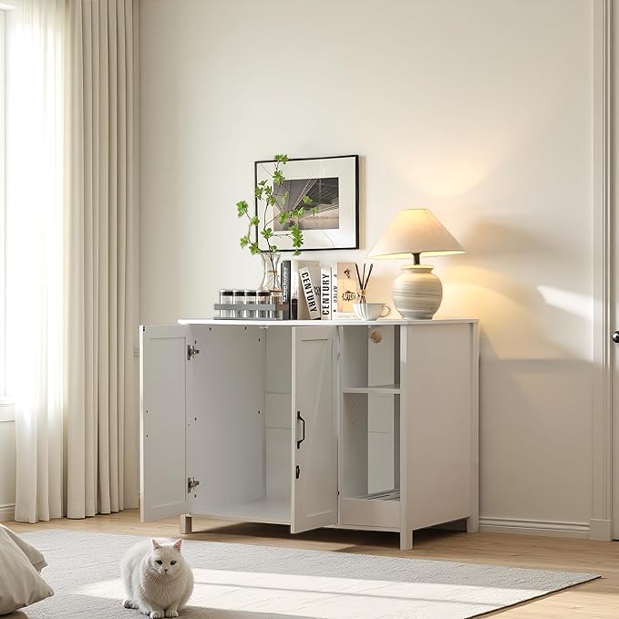 Litter Enclosure with Litter Collector, Litter Cabinet with Dog-Proof Adjustable Shelf, for Placing Cat Robot 3/4, Power Outlet (Cloud White)