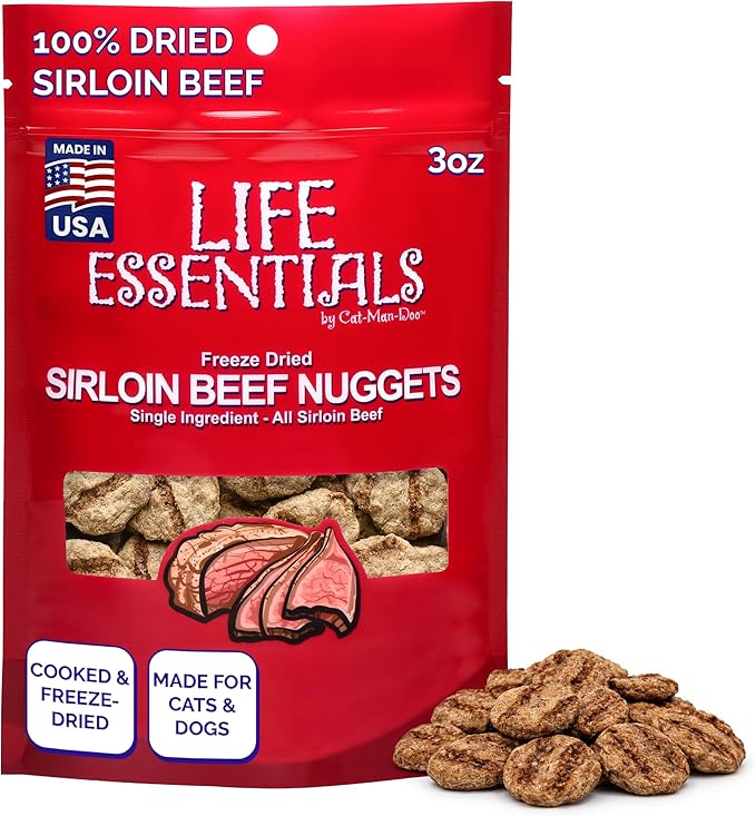 Life Essentials by Cat-Man-Doo Freeze Dried Dog Treats, All Natural Sirloin Beef Nuggets, Healthy Dog Training Treats, Single Ingredient Beef, 3 oz