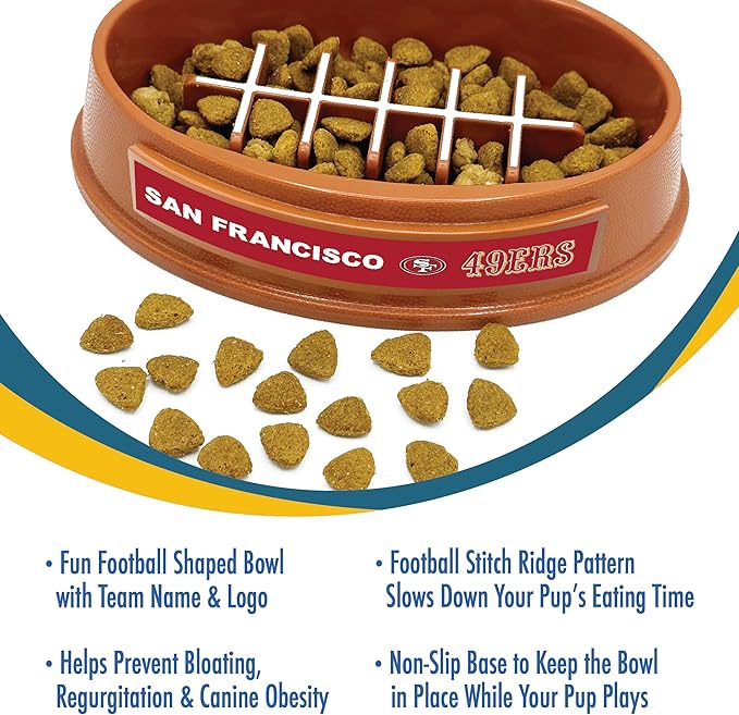NFL Super-Bowl 49ERS Slow Feeder Dog & Cat Bowl. Football Design for Healthy Digestion. Non-Slip for Large & Small Pets
