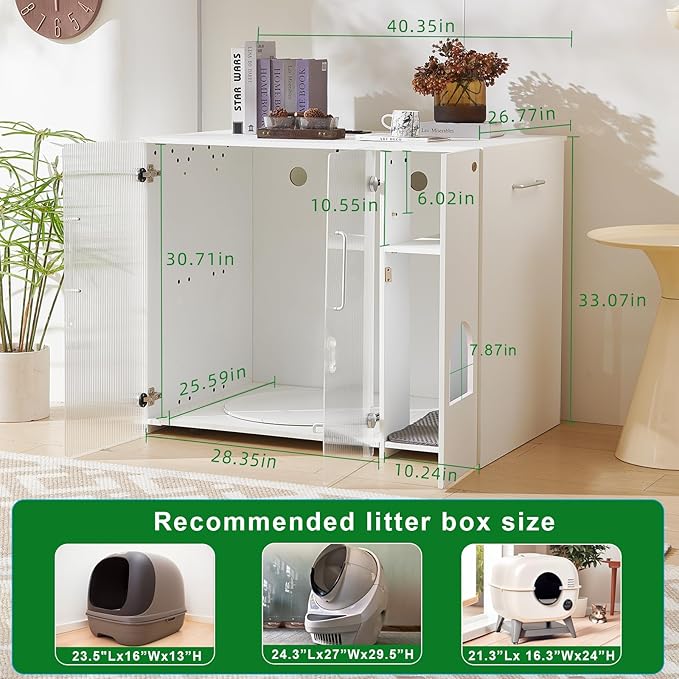 Cat Litter Box Enclosure - Dog Proof Cat Litter Box with Pull-Out, Rotating Features, Includes Power Outlet and Acrylic Wave-Patterned Door Panels with Lock,Elegant White